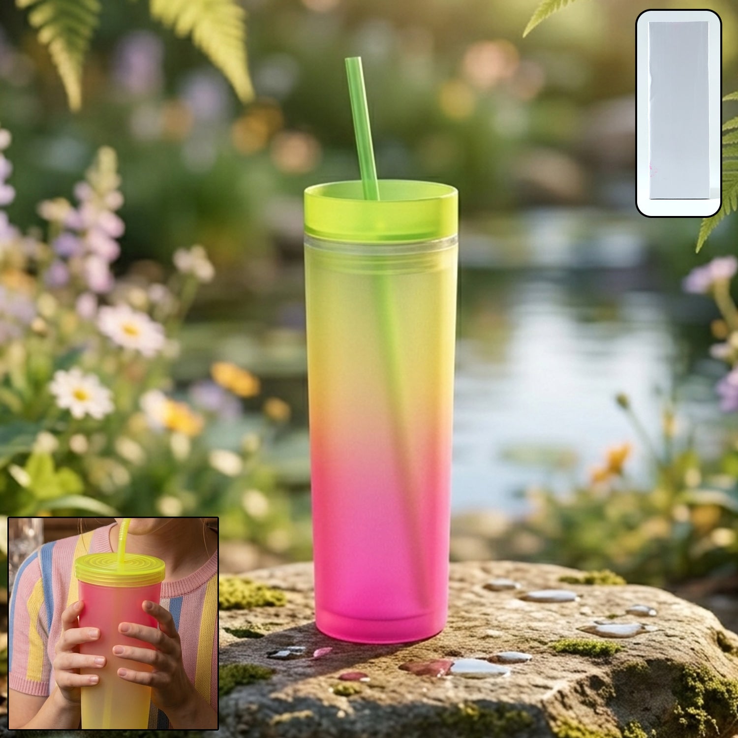 Gradient Plastic Drinking Tumbler Cup With Lid And Straw 400 Ml Approx