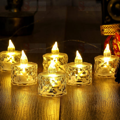Wukusy 24-pack flameless acrylic LED tea light candles, transparent decorative candles for festive home decor and gifting.