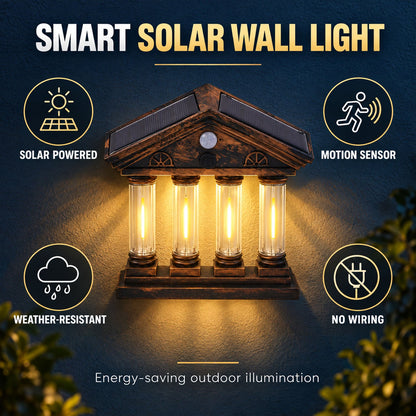 Wukusy 4 Cob Motion Sensor Solar Wall Light illuminating garden or porch with warm glow, mounted on outdoor wall.