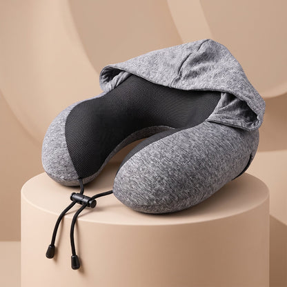 U Shaped Hooded Neck Pillow Grey Travel Pillow With Drawstring Hood (1 Pc)