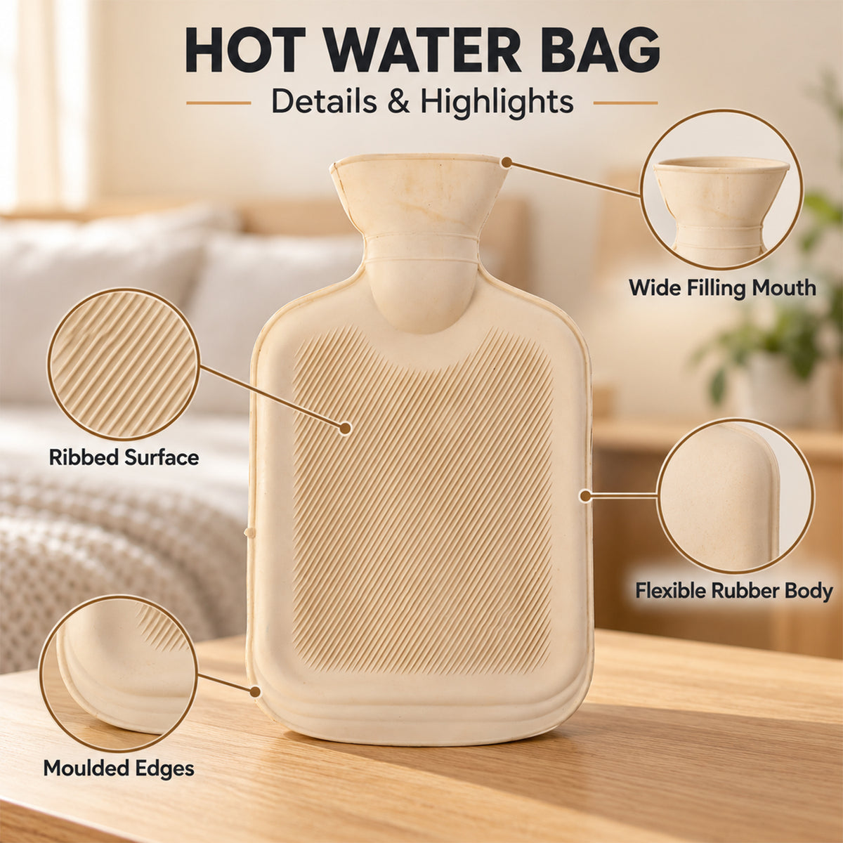 Wukusy rubber hot water bag with ribbed surface and wide filling mouth, 1 piece
