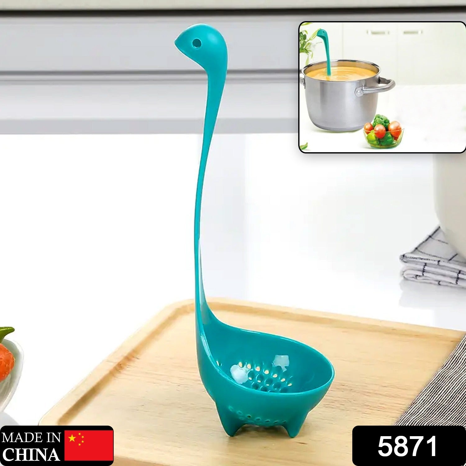 Wukusy Loch Ness Monster soup spoon with long handle, standing design, ideal for cooking and kitchen serving tasks.