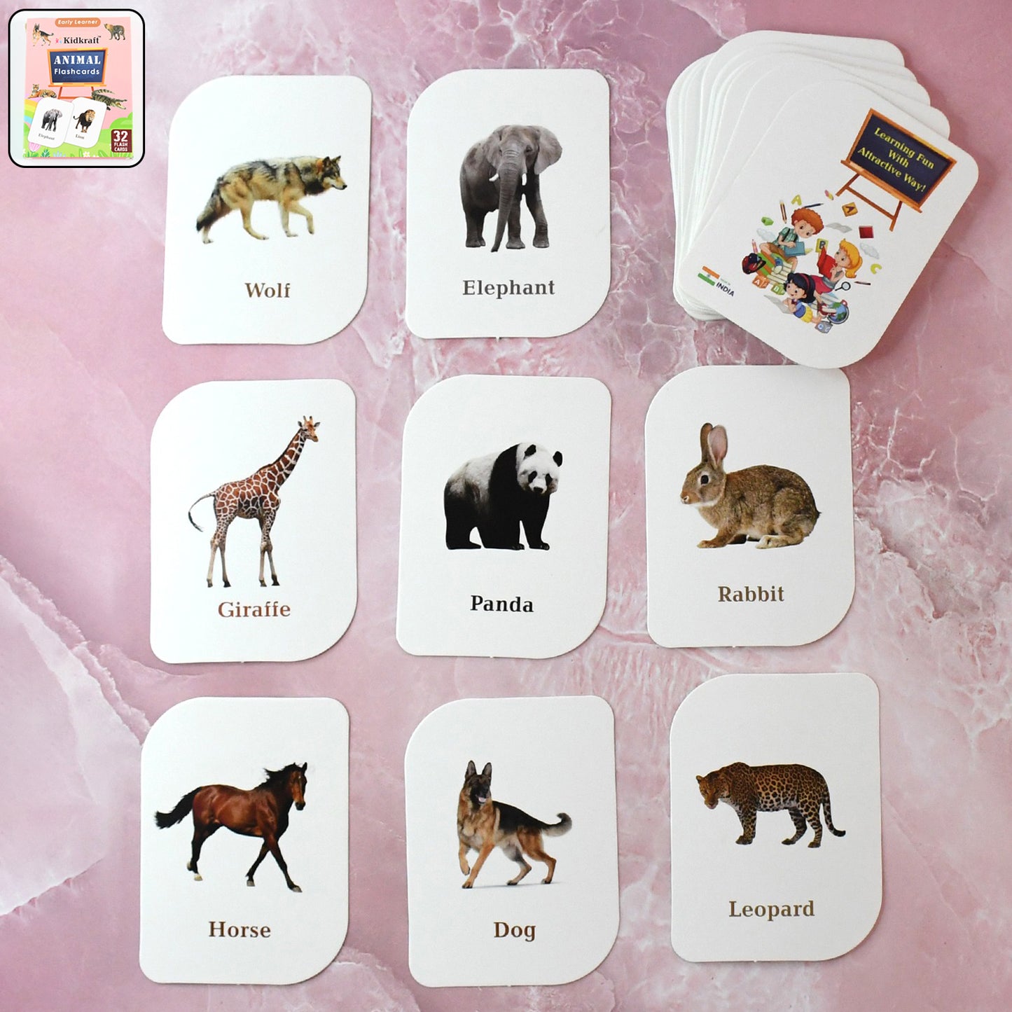 Wukusy Kidkraft 32-piece animal flash cards set featuring colorful illustrations of various animals for educational play.