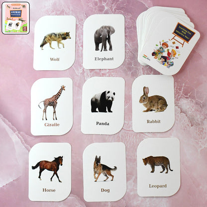 Wukusy Kidkraft 32-piece animal flash cards set featuring colorful illustrations of various animals for educational play.
