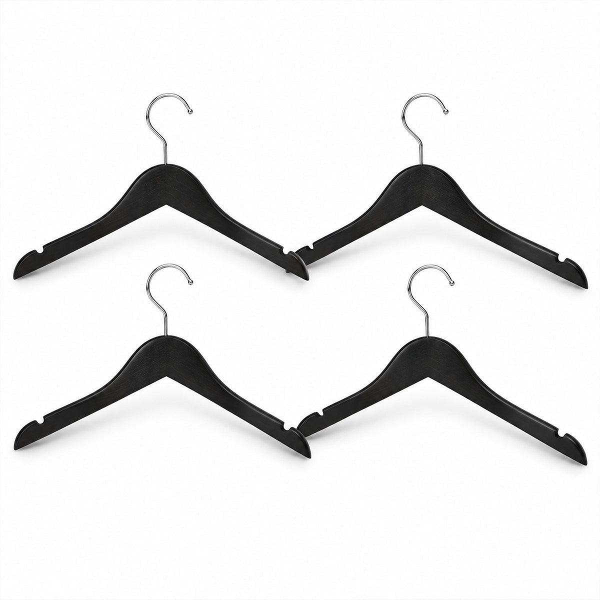 Set of four Wukusy premium clothes hangers with metal hooks, ideal for wardrobe storage and organization.