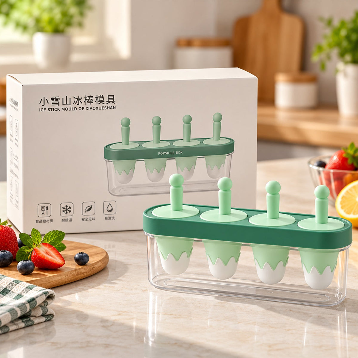Wukusy ice cream candy popsicle maker with 4 molds and reusable sticks, plastic container for homemade frozen treats