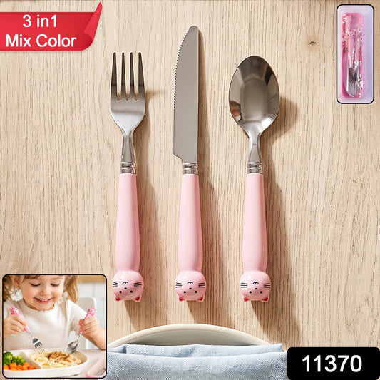 Kids stainless steel cutlery set with fork, knife, and spoon in a case, by Wukusy, ideal for children’s dining.