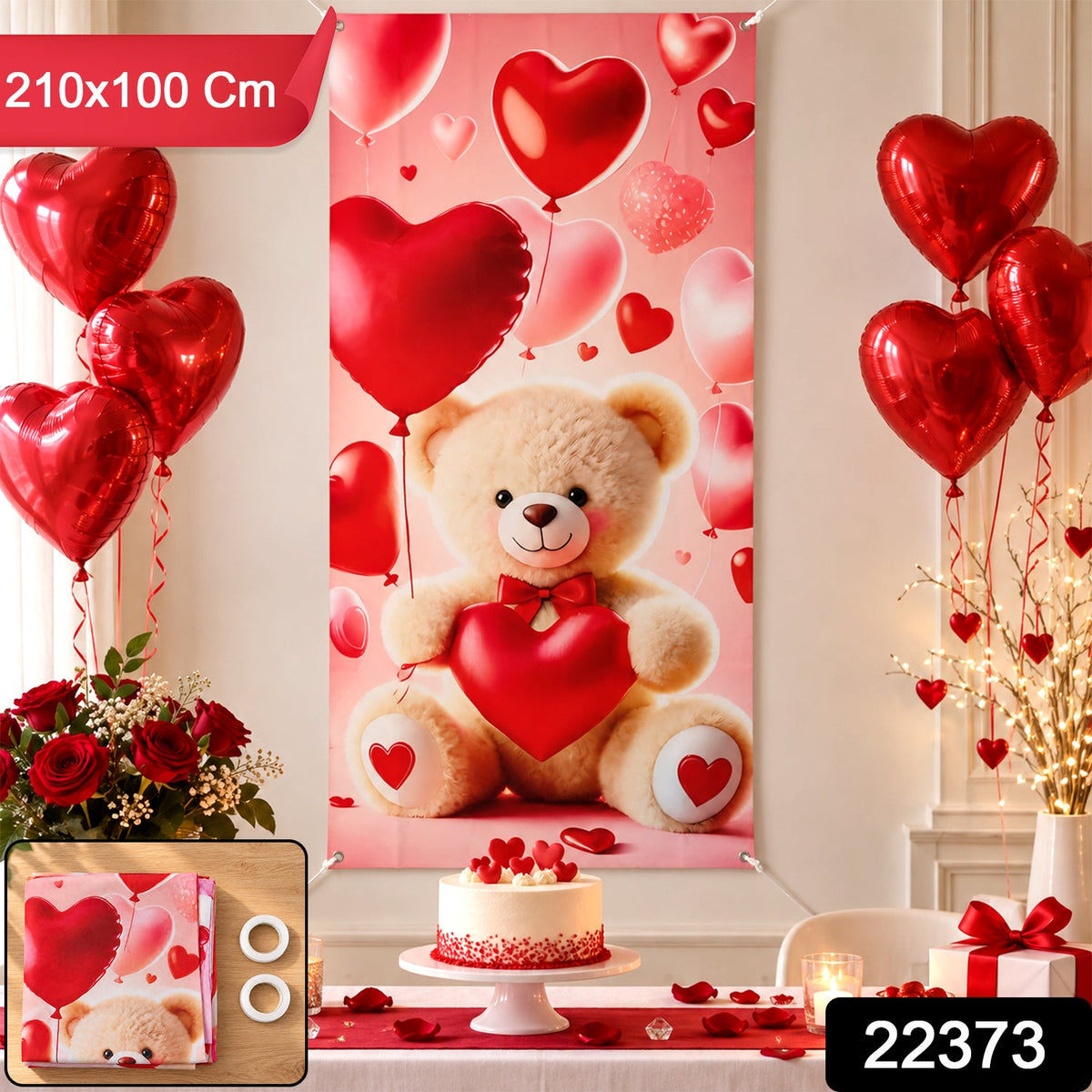 Wukusy teddy bear and heart backdrop curtain for romantic party decoration, 210x100 cm with plush teddy bear and heart design