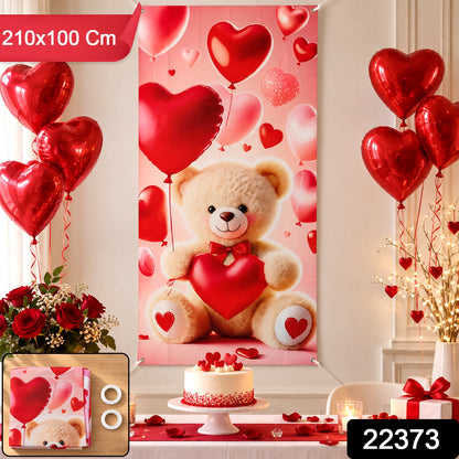 Wukusy teddy bear and heart backdrop curtain for romantic party decoration, 210x100 cm with plush teddy bear and heart design
