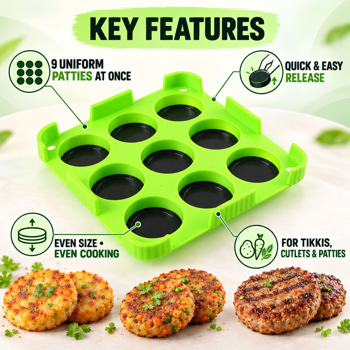 Wukusy 9-cavity cutlet and aloo tikki maker mould with removable base inserts