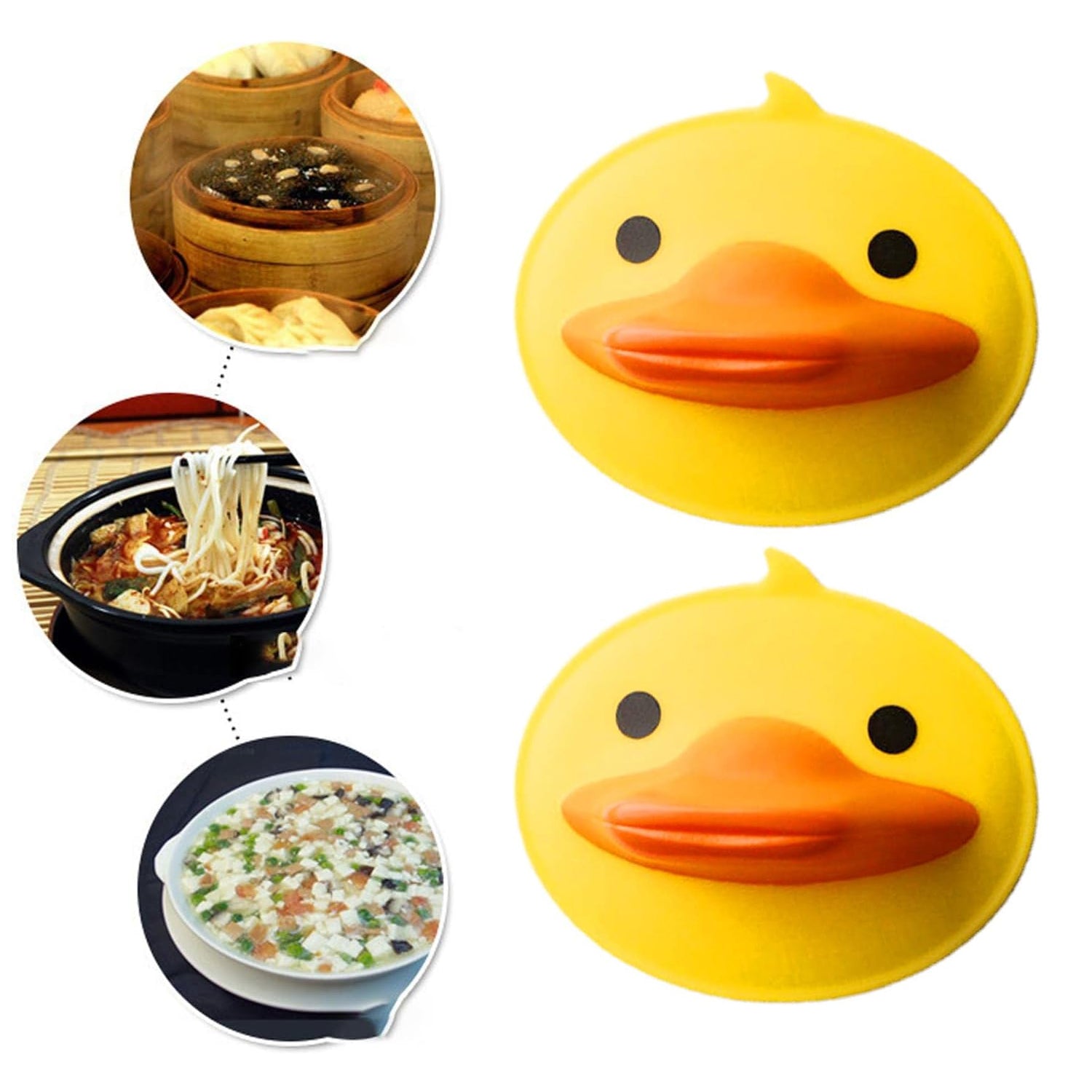 Pair of Wukusy cute duck-shaped silicone hot pot holders, flexible and heat-resistant for kitchen safety and handling hot cookware.