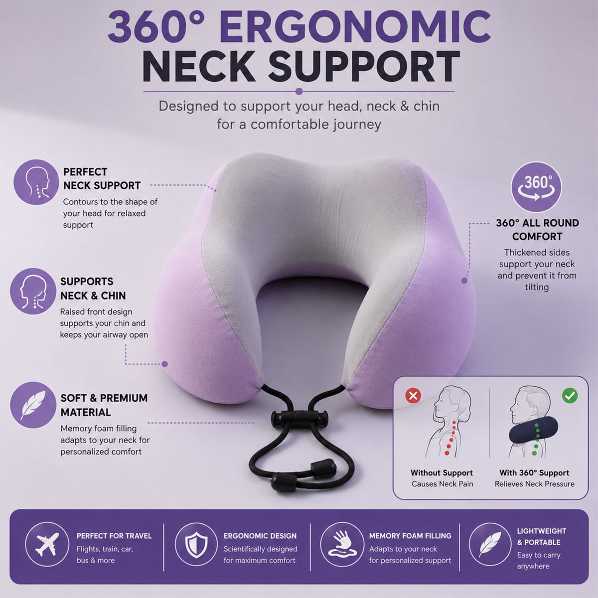 U Shaped Travel Neck Pillow With Ergonomic Support For Flights And Travel (1 Pc)