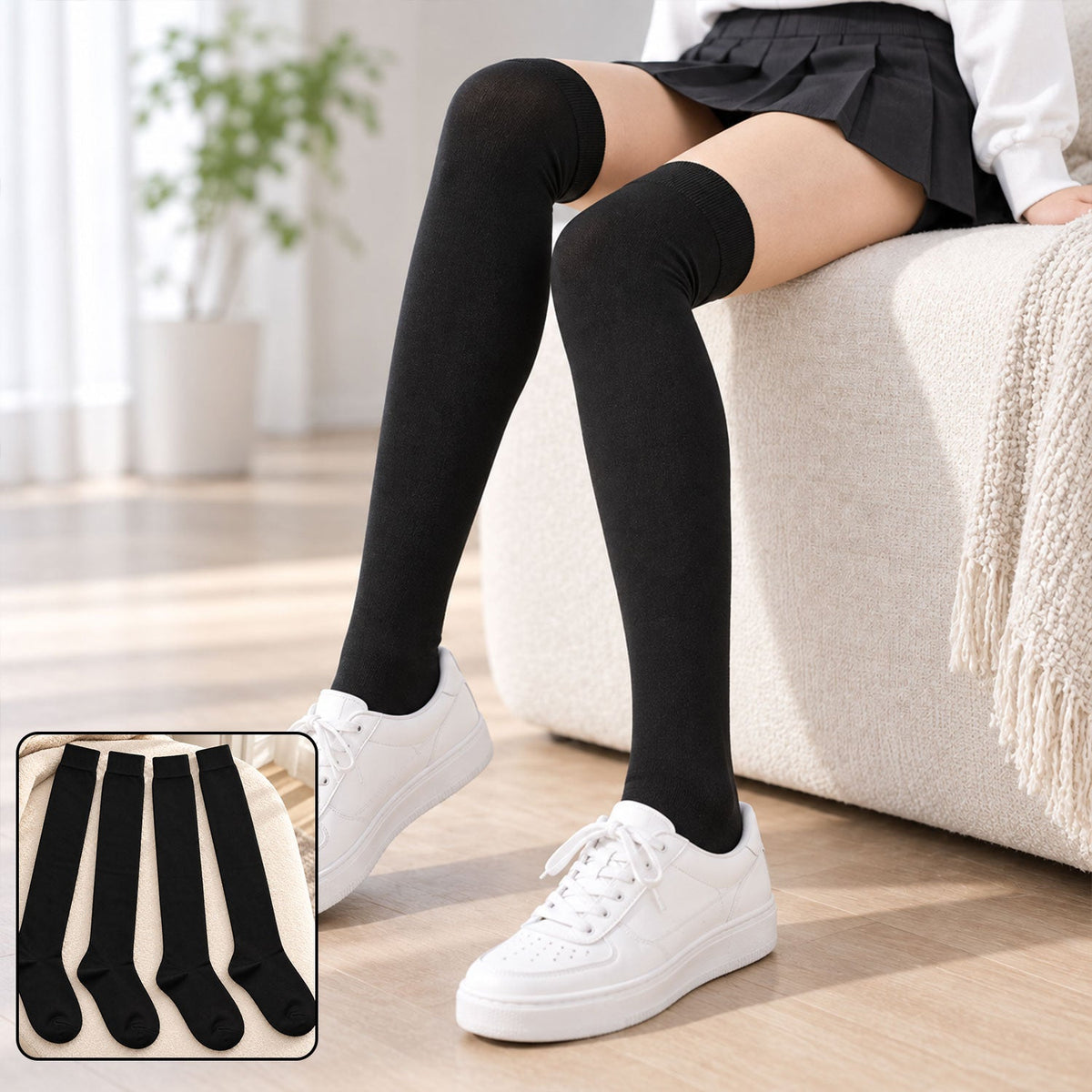 Pair of Wukusy long soft stretchable over knee socks in black and gray, ideal for casual wear and everyday style.