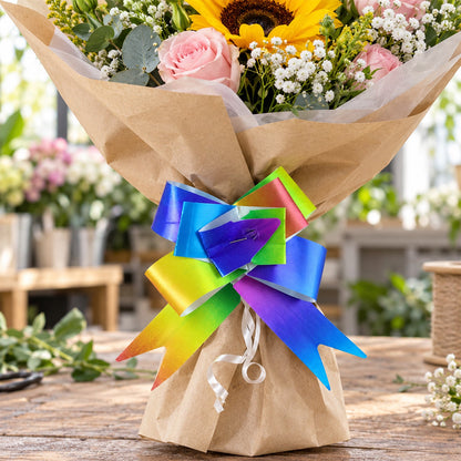 Set of five colorful pull bow ribbons for gift wrapping, bouquets, and hampers, by Wukusy, featuring vibrant, decorative ribbon bows.
