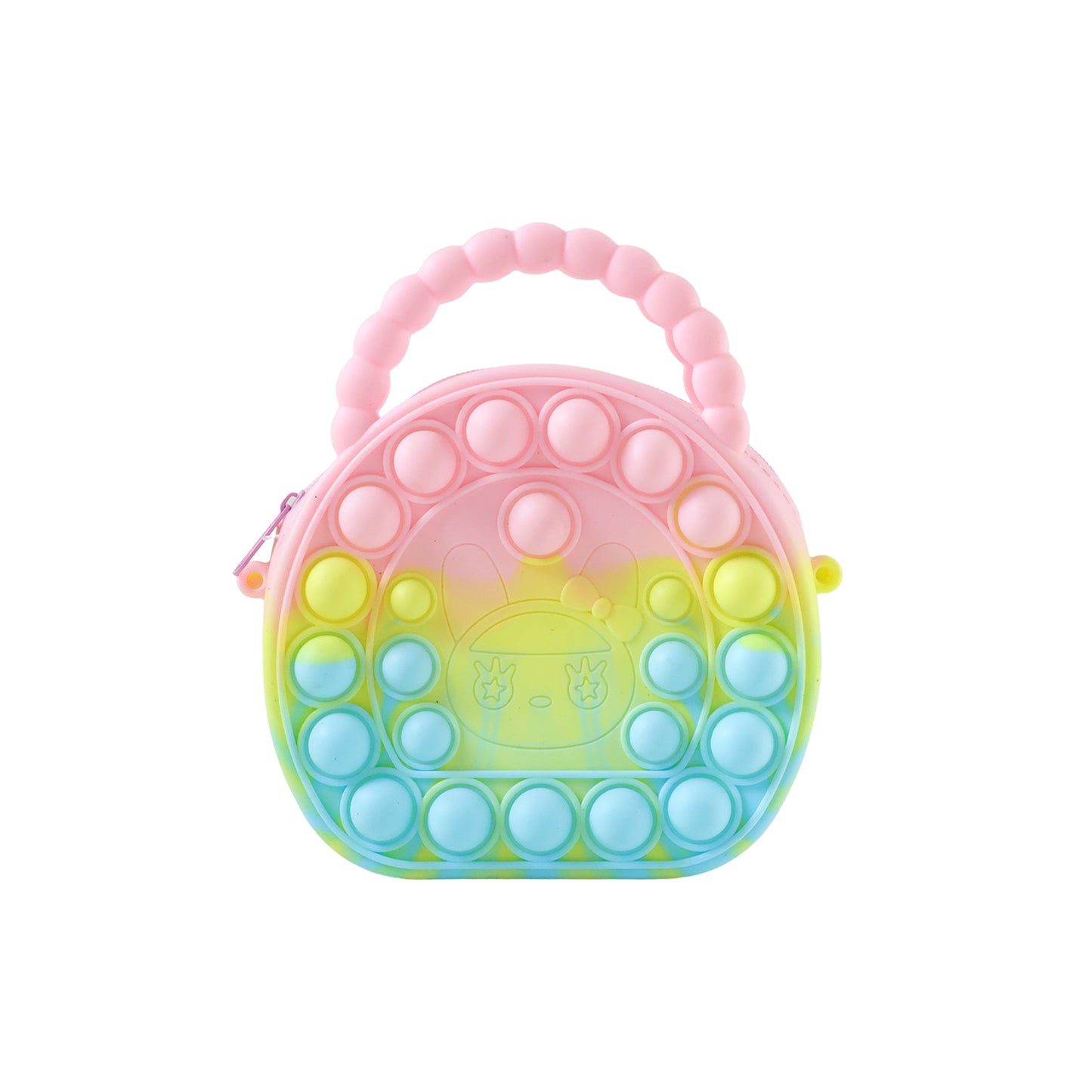 Rainbow round silicone Pop It coin purse by Wukusy with colorful, textured silicone surface and compact coin storage.