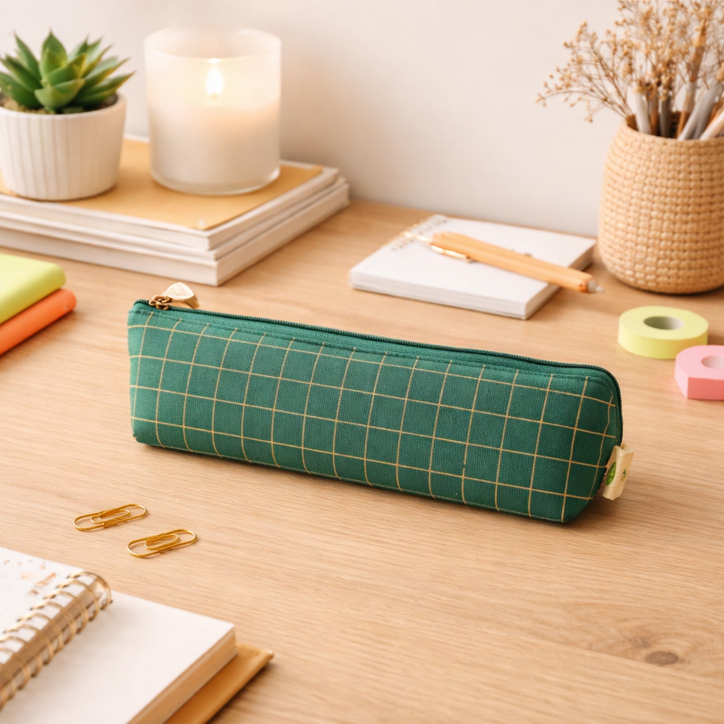 Green grid printed zipper pencil pouch by Wukusy, compact organizer with multiple compartments for stationery and supplies.
