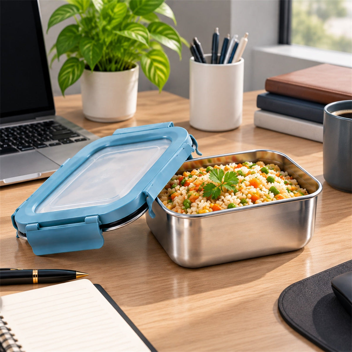 Wukusy Apex Square Steel Food Container with clip lock lid, 300ml capacity, stainless steel lunch box for food storage