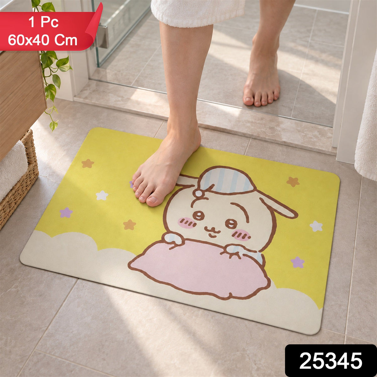 Wukusy absorbent bathroom mat with a cute cartoon bunny print, quick-drying fabric, measuring 60x40 cm, ideal for bathroom decor