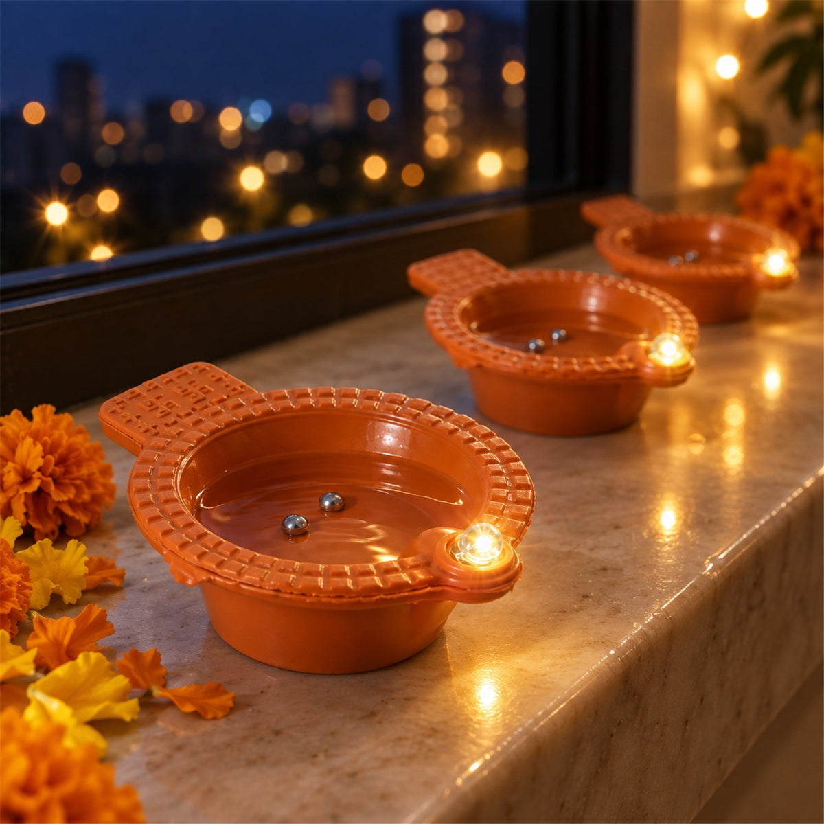 Set of 12 Wukusy flameless LED Diya water sensors for Diwali and Pooja decoration, featuring glowing LED lights and decorative design.