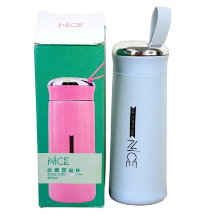 Light blue Wukusy 400ml glass water bottle with leak-proof design, ideal for gym use and children, featuring daily water intake markings.