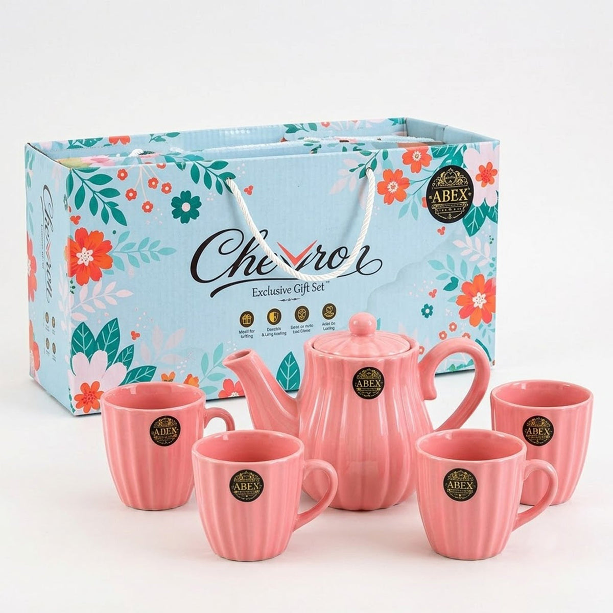 Wukusy ribbed ceramic tea set with teapot and four cups, ideal for serving tea or gifting, featuring textured design.