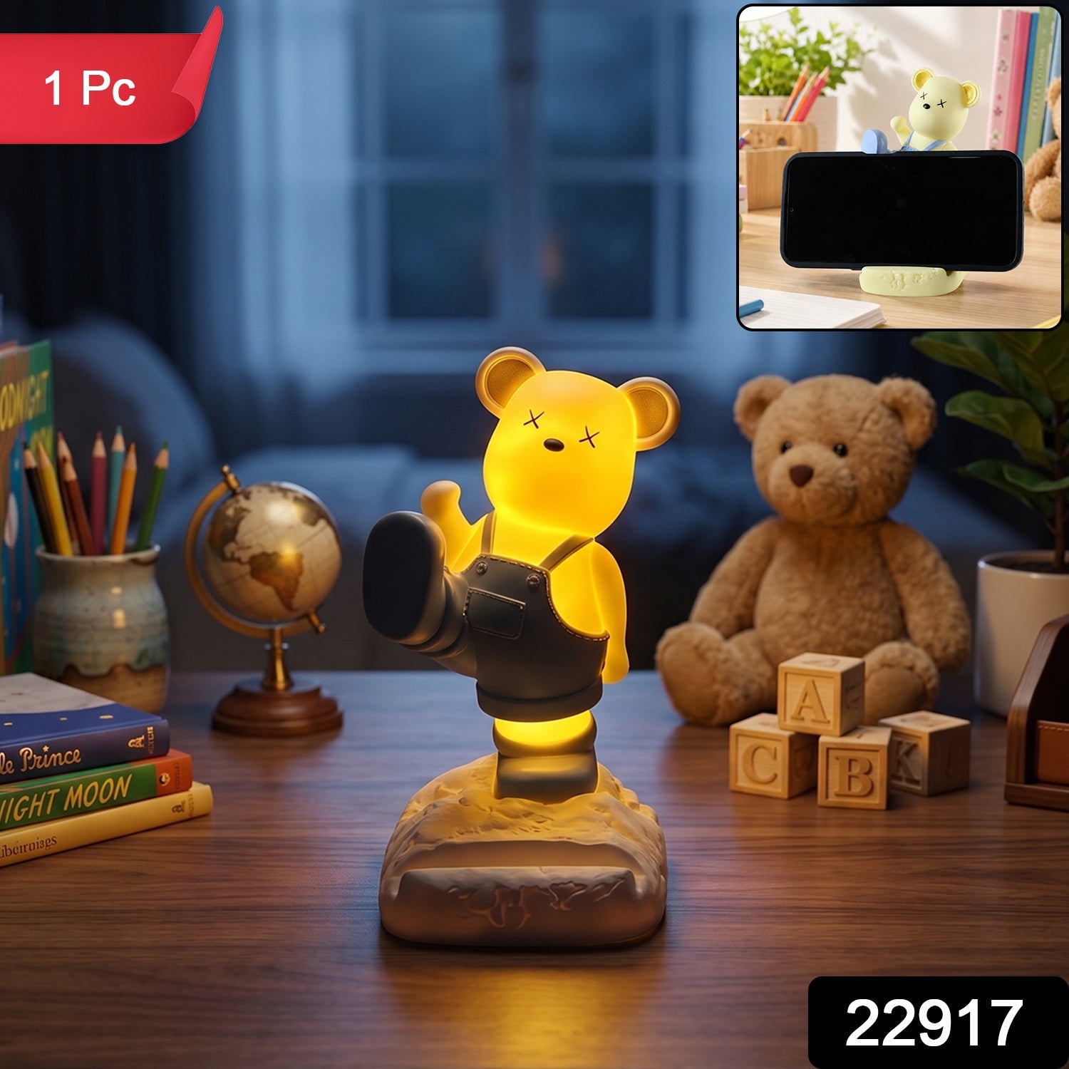 Wukusy Magnetic Bear LED light phone stand night lamp on a desk, featuring a cute bear design for kids' rooms and night use.