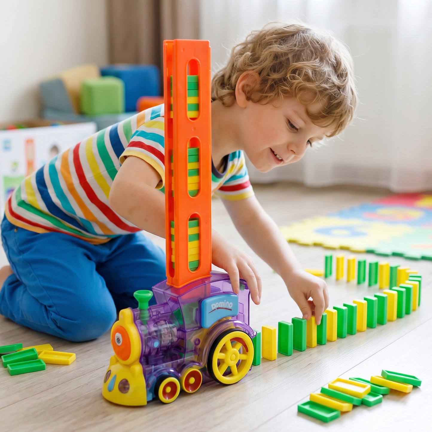 Wukusy automatic domino laying train engine toy for kids with built-in light and music, showing colorful train with moving parts.