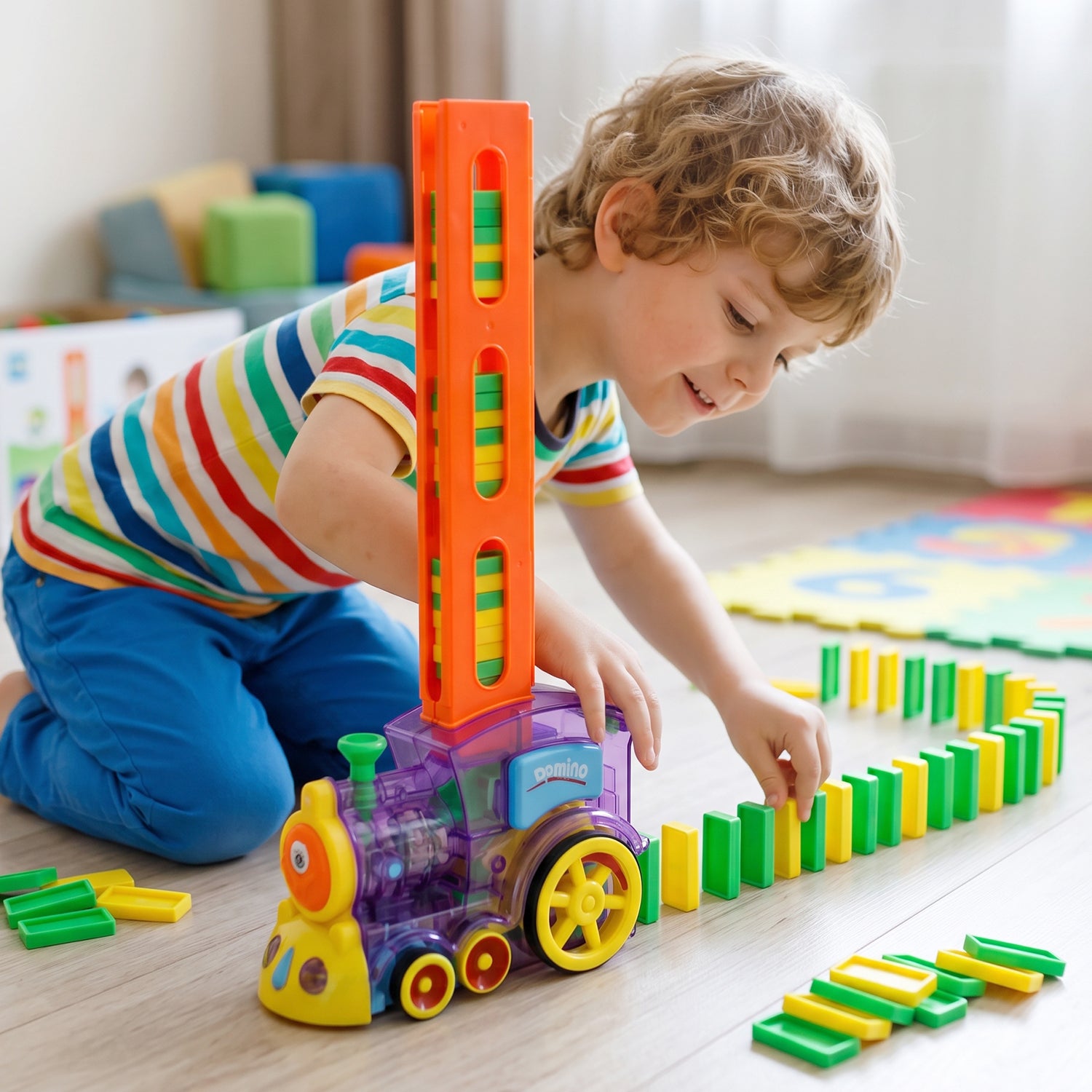 Wukusy automatic domino laying train engine toy for kids with built-in light and music, showing colorful train with moving parts.