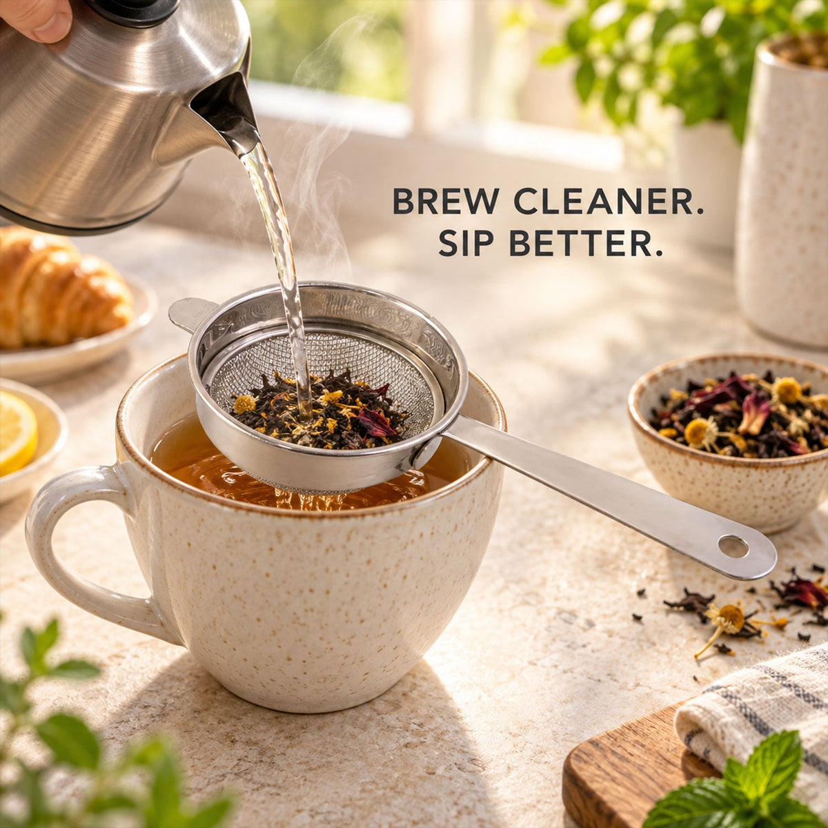 Wukusy Apex stainless steel tea strainer No 3 with long handle and fine mesh for brewing tea or herbal infusions.