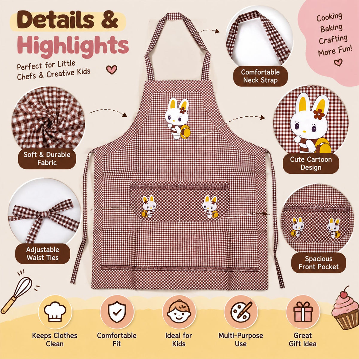 Kids cartoon kitchen cooking apron by Wukusy with front pockets, colorful design, measuring 71x57 cm, for young chefs.