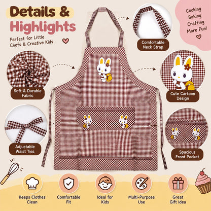 Kids cartoon kitchen cooking apron by Wukusy with front pockets, colorful design, measuring 71x57 cm, for young chefs.