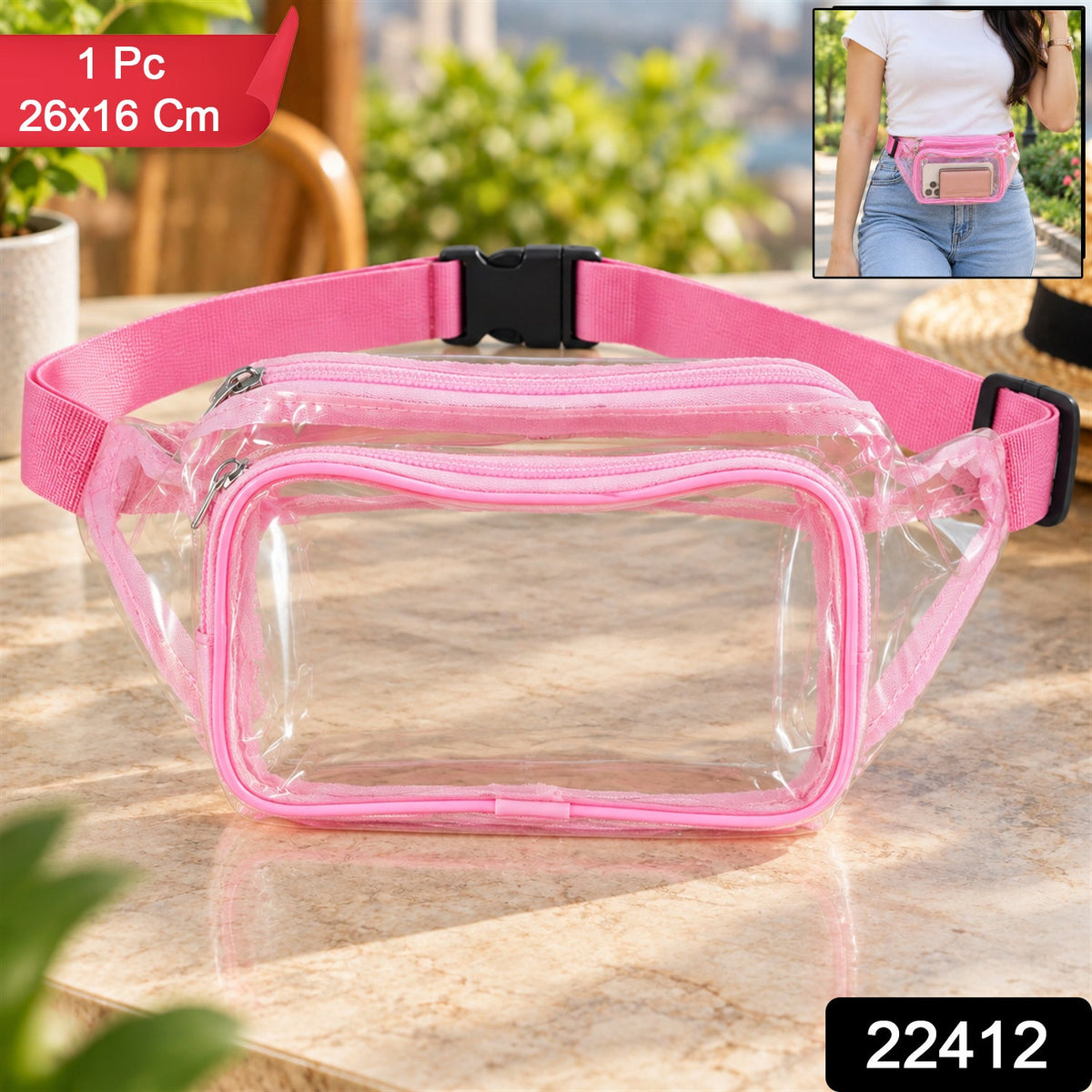 Wukusy transparent PVC waist bag with two zip pockets and adjustable strap, measuring 26x16 cm, shown on a model.