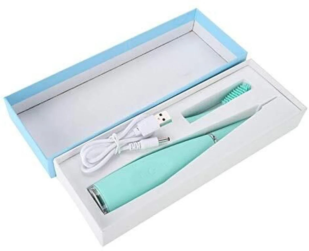 Electric 3-in-1 dental and face cleaner and scrubber from Drpshippr in green, with brush heads and control buttons visible.