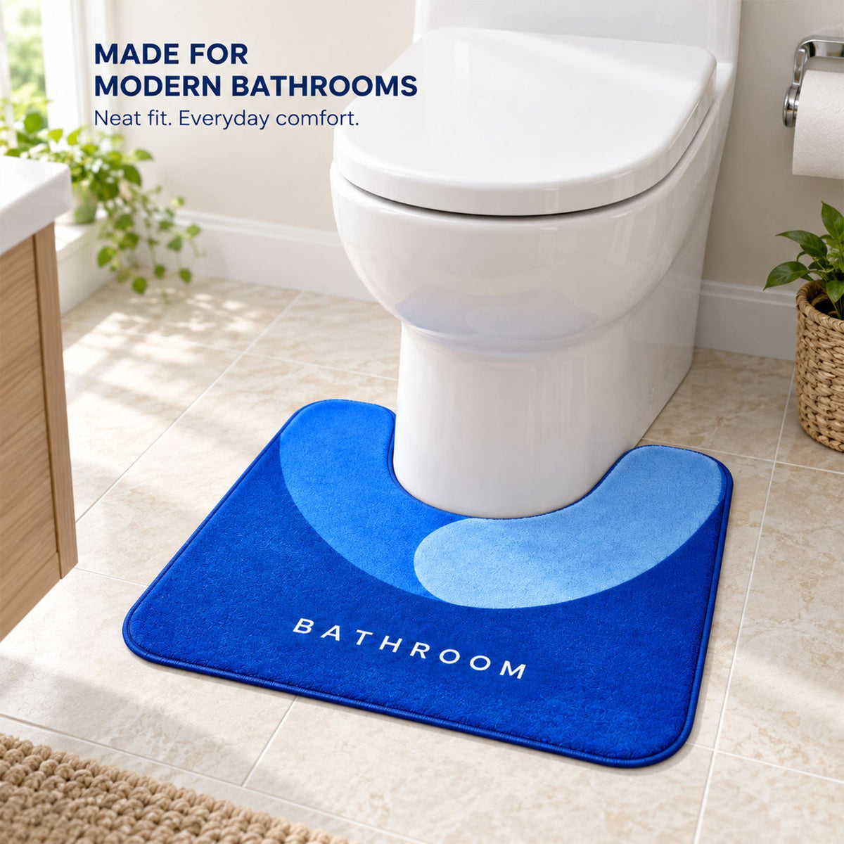 Wukusy U shape toilet contour mat in absorbent, anti-skid material, 40x50 cm, placed around a toilet for comfort and safety.