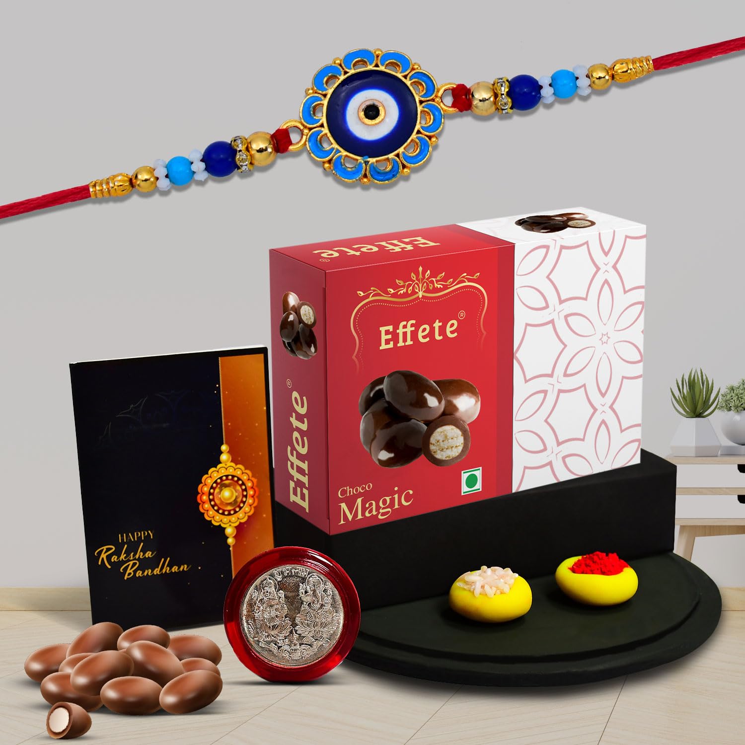 Wukusy Rakshabandhan diamond design Rakhi for brother with chocolate magic 32g, featuring intricate thread work and decorative beads.