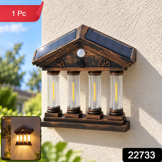 Wukusy 4 Cob motion sensor solar wall light illuminates garden and porch with warm glow, mounted on outdoor wall.