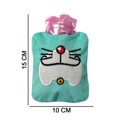 Wukusy Doremon cartoon hot water bag with cover, used for pain relief, neck, shoulder, hand, feet warmer, and menstrual cramps.