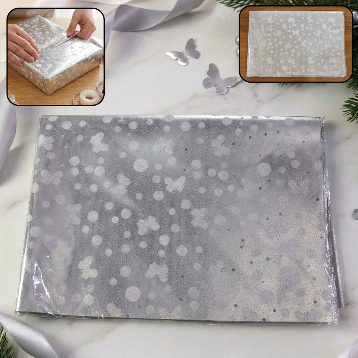 Silver decorative gift wrapping paper sheets by Wukusy, showing a packet of approximately 20 festive silver gift wrap sheets.