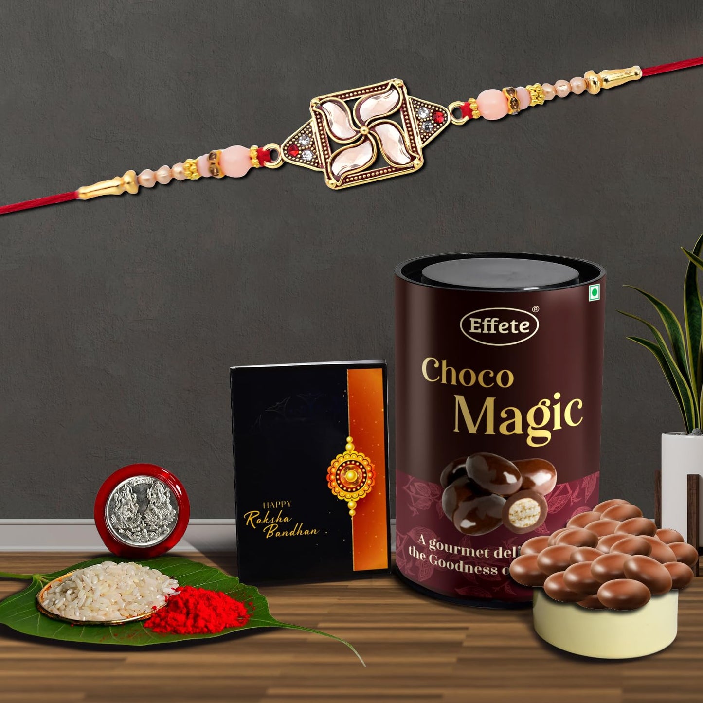 Chocolate Magic Rakhi for brother by Wukusy featuring a chocolate-themed Rakhi with a decorative design and gift combo set.