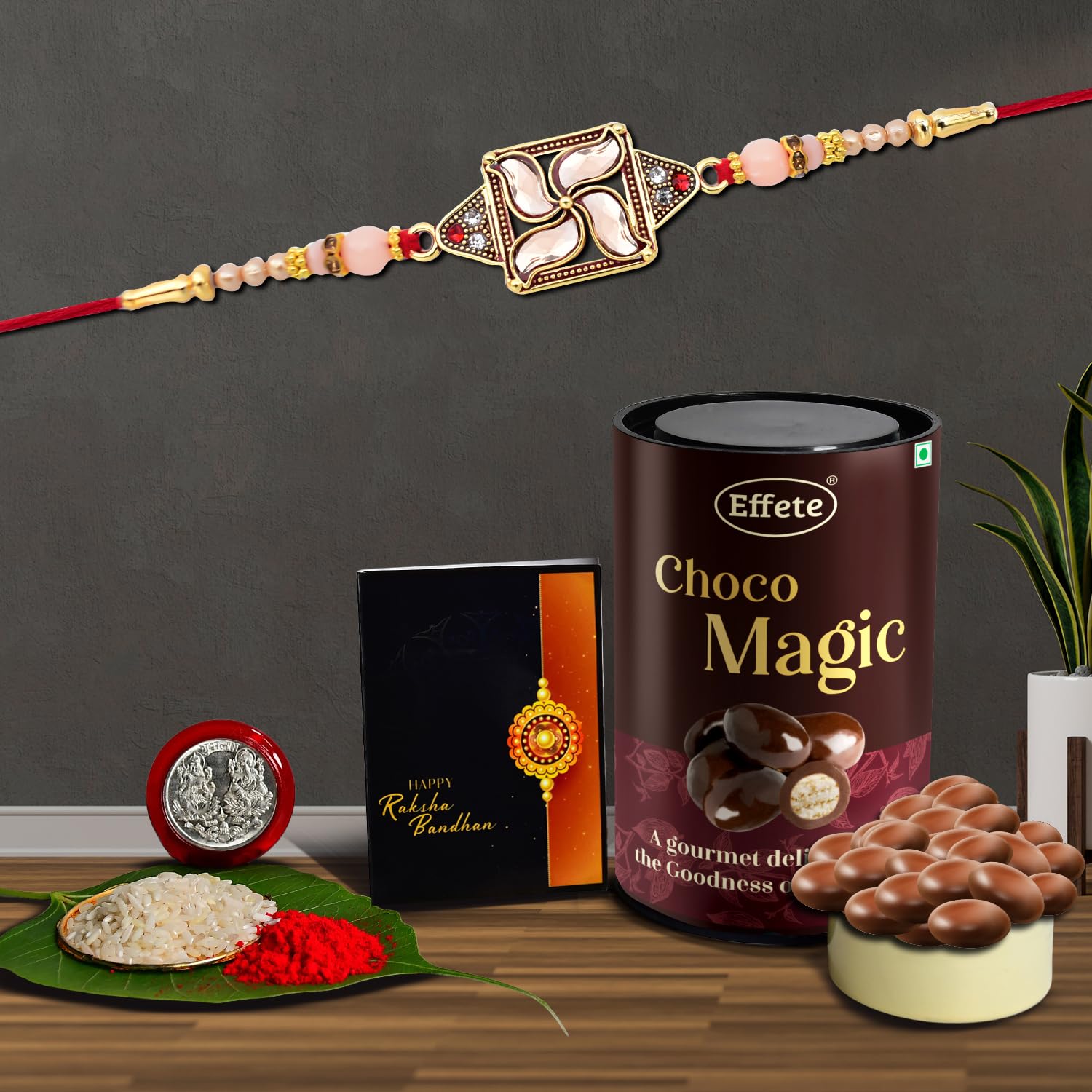 Chocolate Magic Rakhi for brother by Wukusy featuring a chocolate-themed Rakhi with a decorative design and gift combo set.