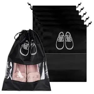 Drpshippr shoes bag cover pack of 4, protective fabric covers for storing and traveling with shoes, black color with adjustable drawstrings.