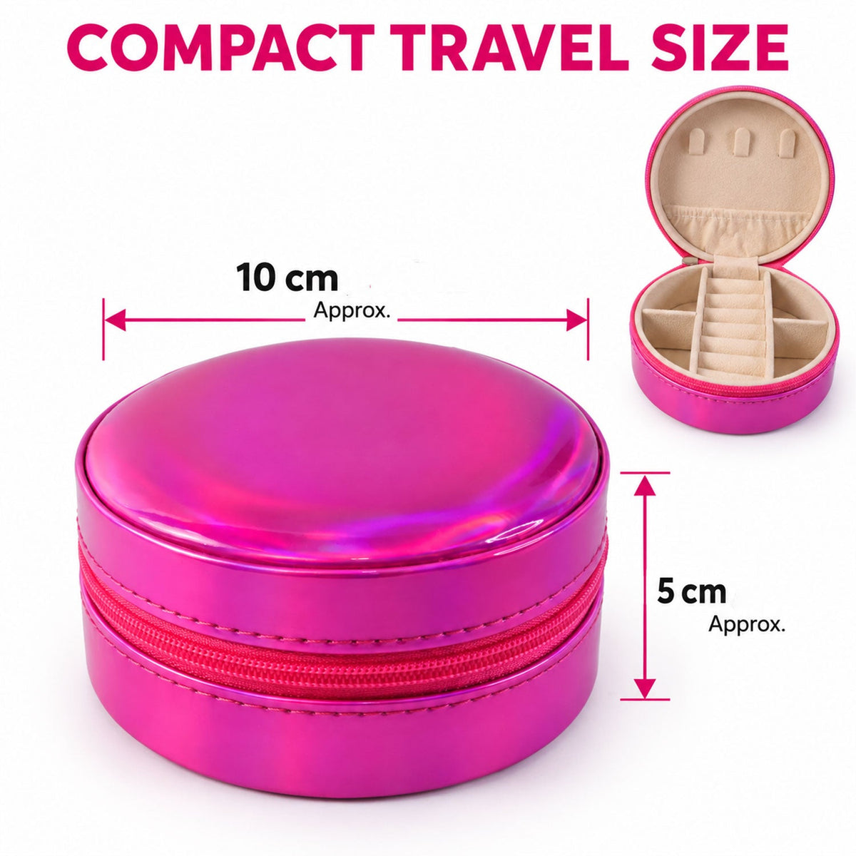 Wukusy round jewelry organizer box with ring rolls and zip closure, ideal for travel storage of jewelry and accessories.
