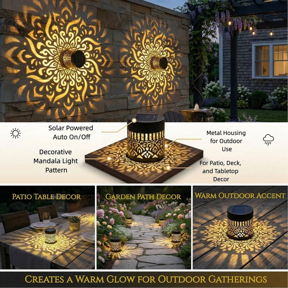 Wukusy decorative solar LED lamp with intricate mandala pattern, ideal for patio and garden lighting.