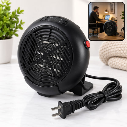 Wukusy compact electric room heater with adjustable temperature and timer, featuring a dual plug pin for versatile use.
