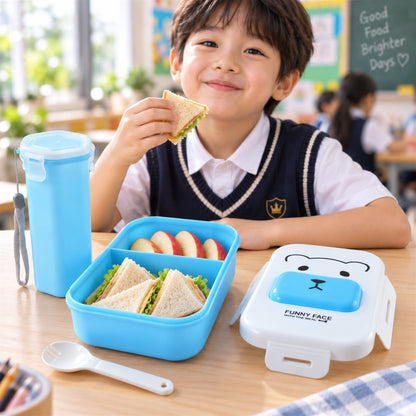 Wukusy kids lunch box set with water bottle and spoon, featuring colorful compartments for school tiffin meals.