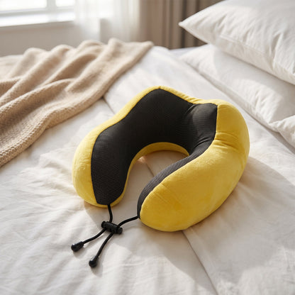 U Shaped Soft Neck Pillow Yellow Plush Travel Pillow With Drawstring (1 Pc)
