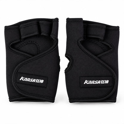 Wukusy half finger gym gloves with padded palms for weight lifting and training, showing the gloves on a neutral background.