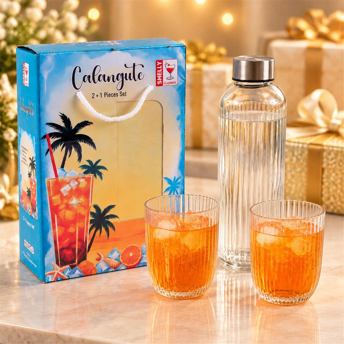 Wukusy ribbed water bottle with two matching glasses in a 3-piece gift set, featuring sleek glass and bottle design