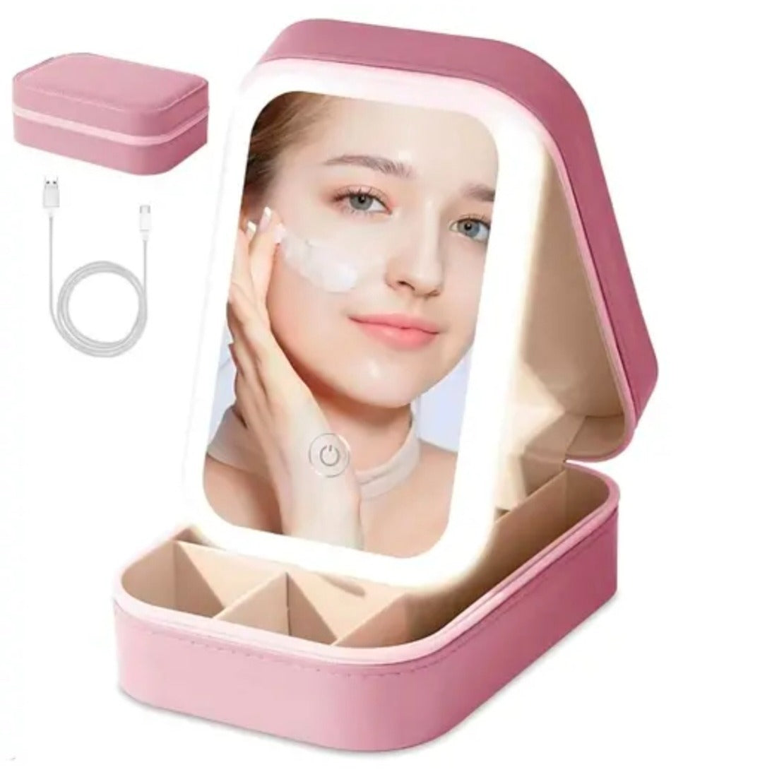 Dropdash portable LED makeup mirror box with 3-color light, compact design for fitness and wellness routines.