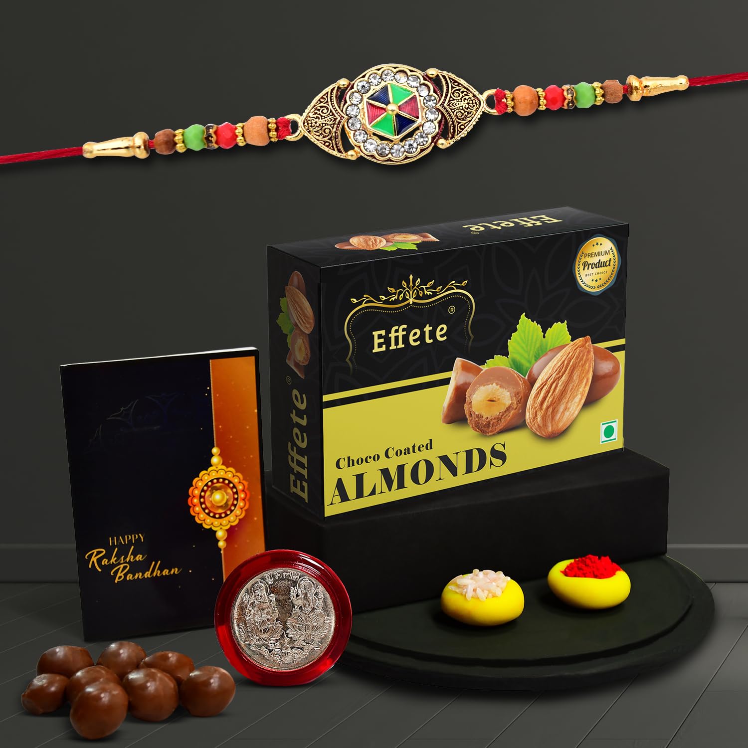 Wukusy Rakhi combo with a stylish handmade Rakhi and 32g chocolate almonds, perfect for brother gift.